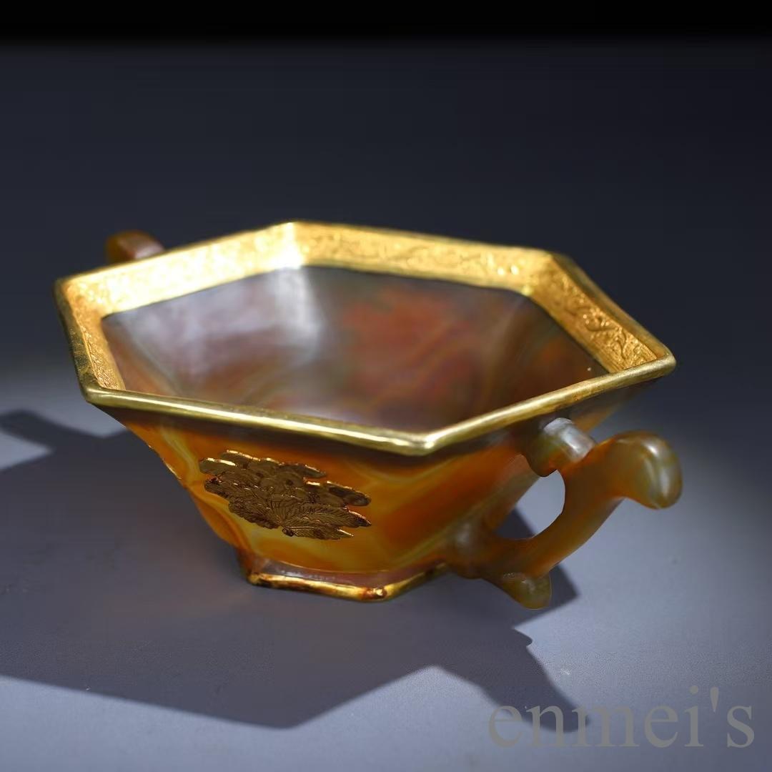 中国古美術 天然瑪瑙嵌 銅製菓子碗 供物器 描金 茶道具 古置物 古賞物 古擺件