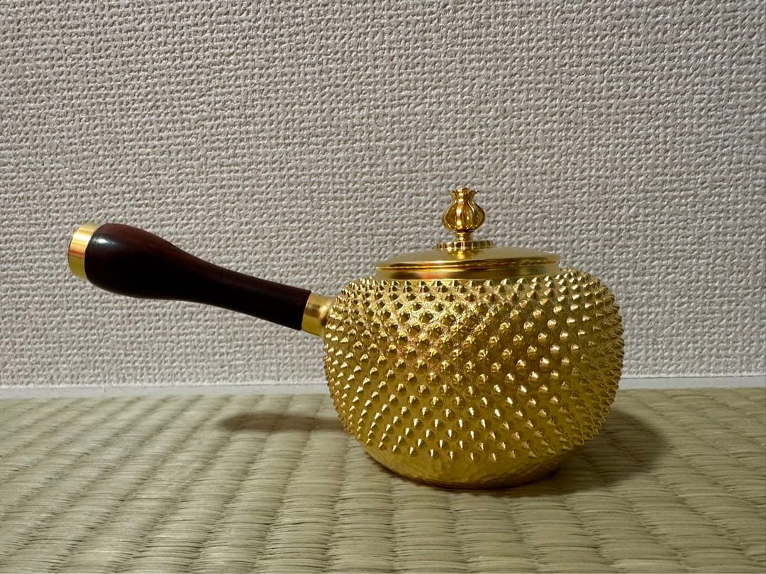 純銀製 玉霰打出 金メッキ 花蕾摘 横手急須 銀瓶 煎茶道具