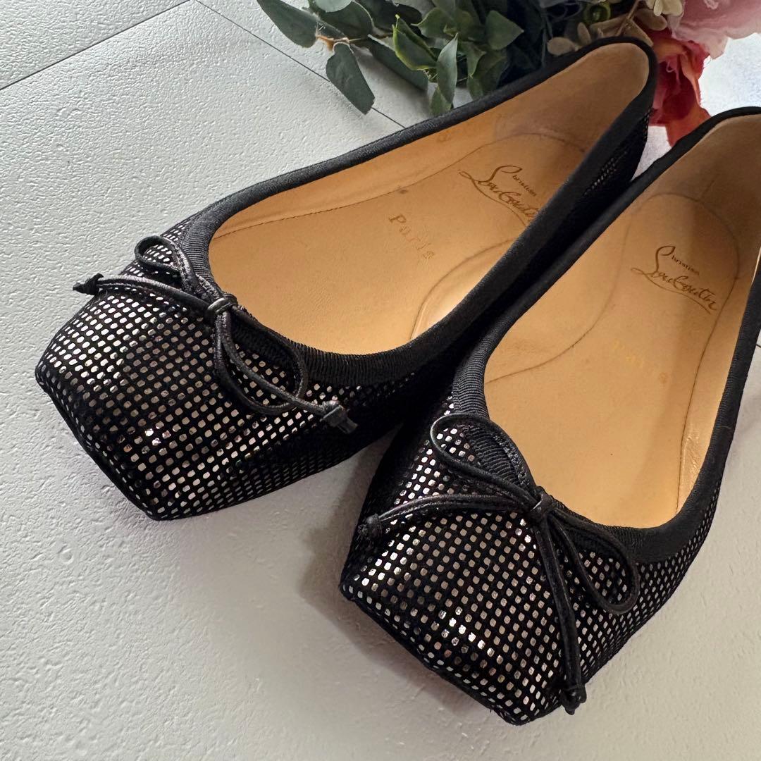 クリスチャンルブタン　リボン付きフラットパンプス　ブラック　36