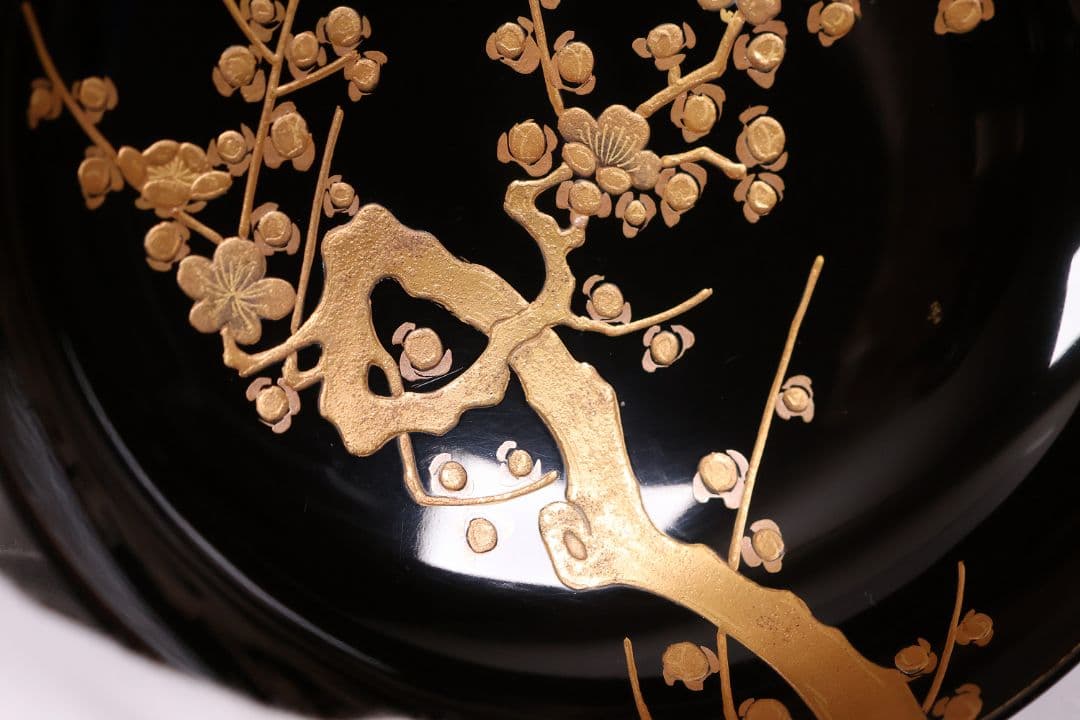 【CM232】古い木皿 五客 梅 金蒔絵 黒塗 小皿 菓子皿 木製漆器 大正昭和