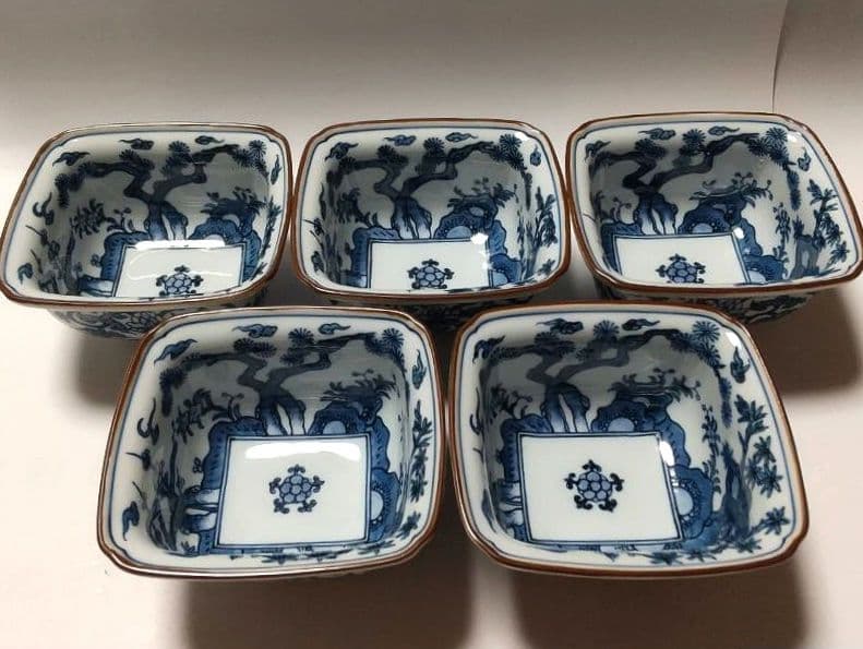 源右衛門窯 染付 松竹梅 角小鉢 鉢 5客組 共箱 未使用品