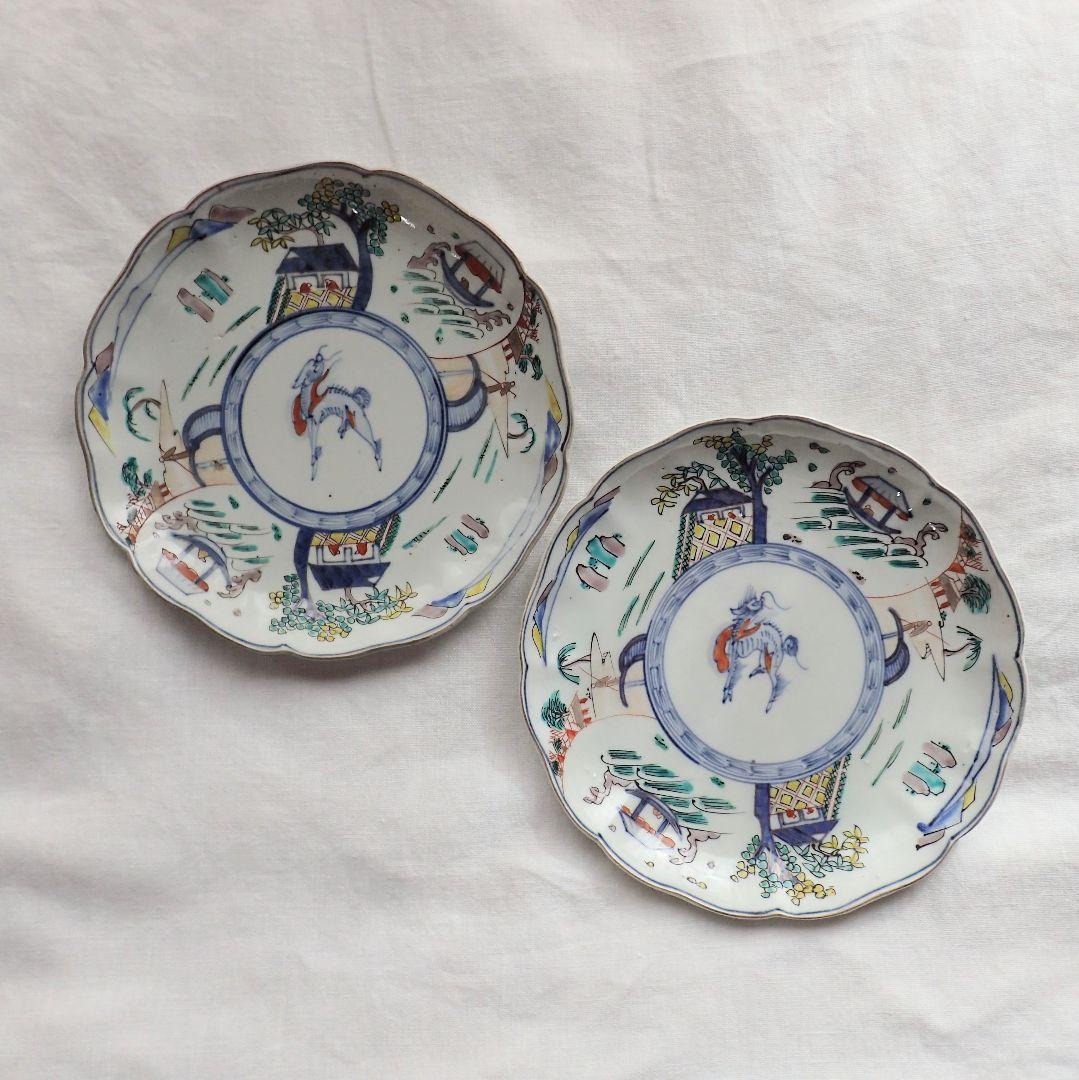 明治　骨董　輪花　リンカ　麒麟　キリン　絵 皿　2枚