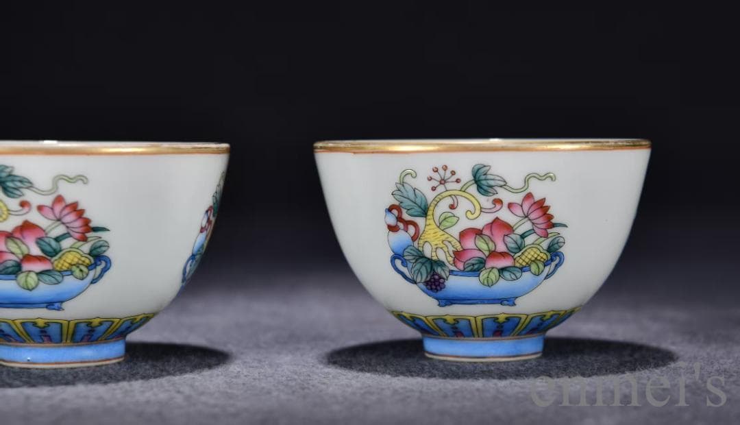 中国古美術・旧蔵・清乾隆粉彩多宝図杯セット・銘紋・唐物・茶碗・茶道具・古陶磁器