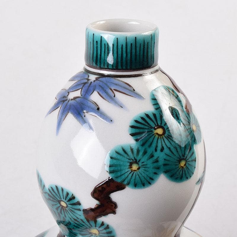 九谷焼　三代三ツ井為吉作　色絵松竹梅文　瓢箪徳利　一對　共箱　C　R8925