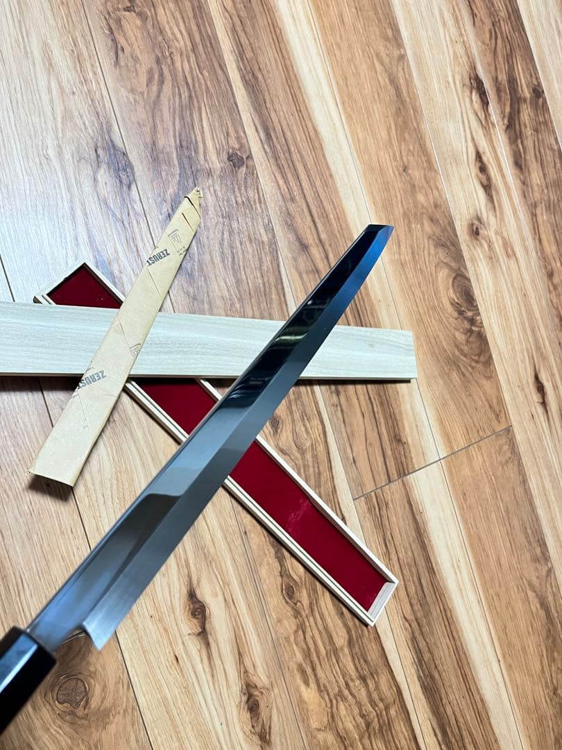 国内生産　新品未使用　包丁　切付　尺一　富士山　鏡面　黒檀八角柄　木箱付　印なし