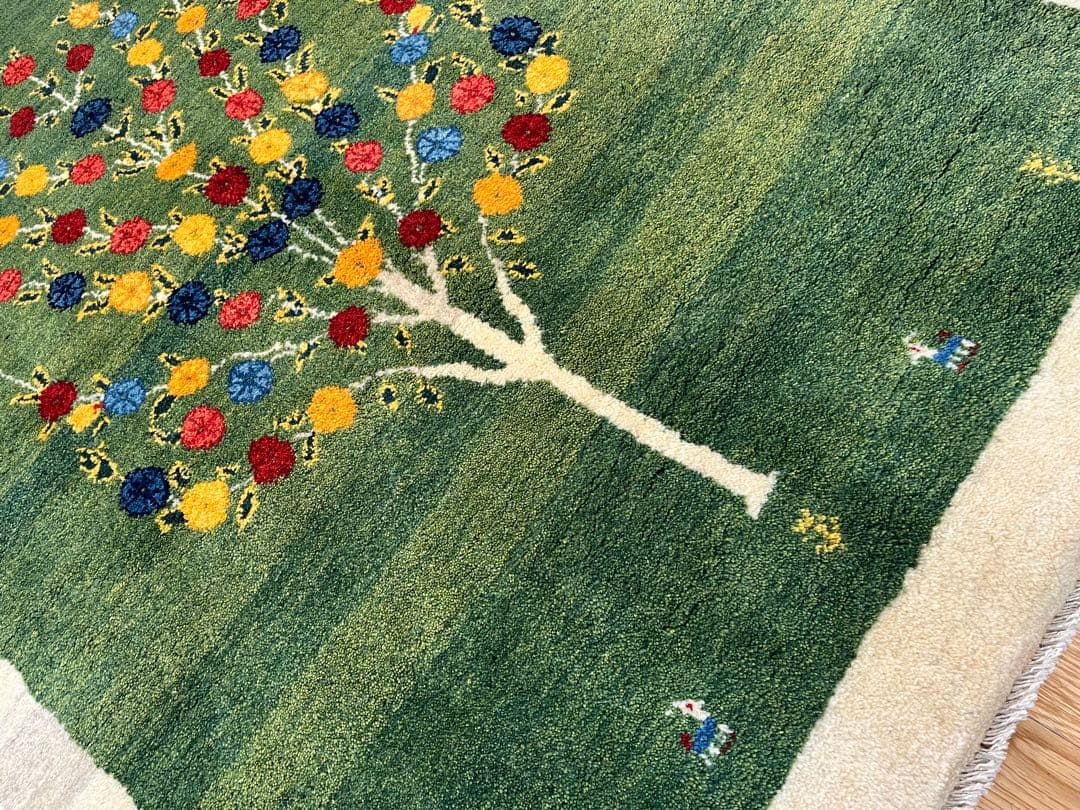 【キャンペーン】ギャッベ リビング168×120 グリーン　緑　生命の木　花