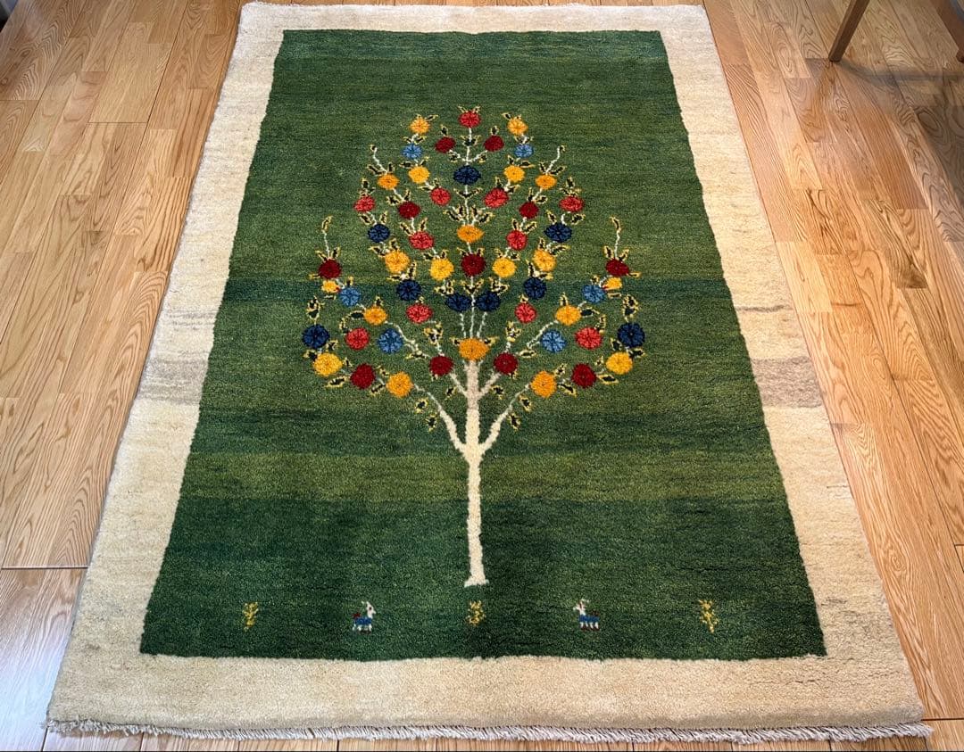 【キャンペーン】ギャッベ リビング168×120 グリーン　緑　生命の木　花