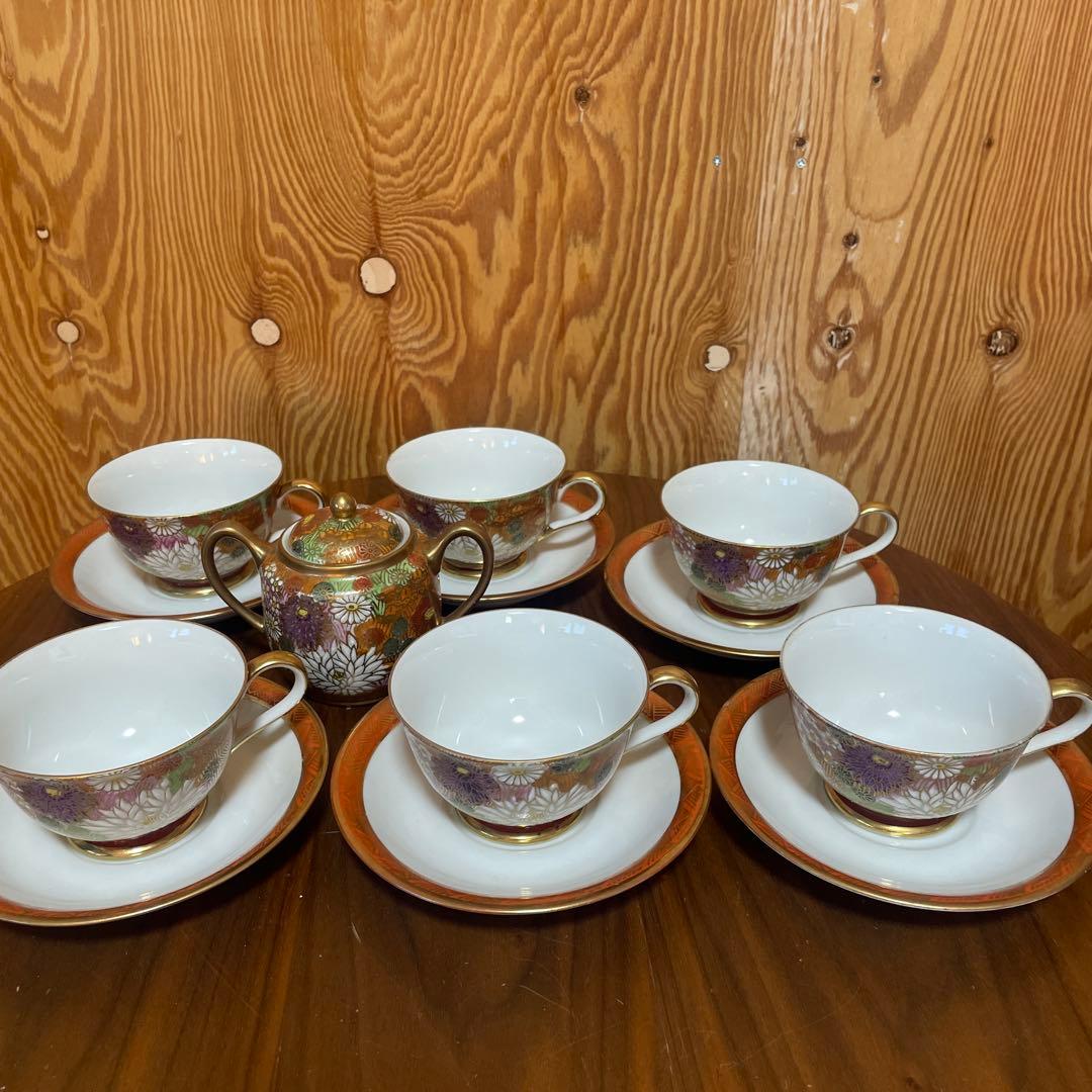 九谷焼 九谷祥隆 花詰 ティーカップ＆ソーサー 6客セット　シュガーポット