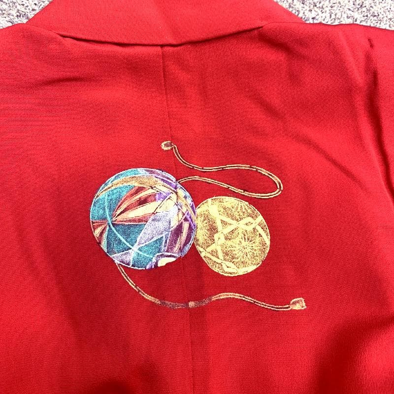 511ag59■七五三 七歳 女児 着物&袋帯&長襦袢 手鞠 駒 赤■美品