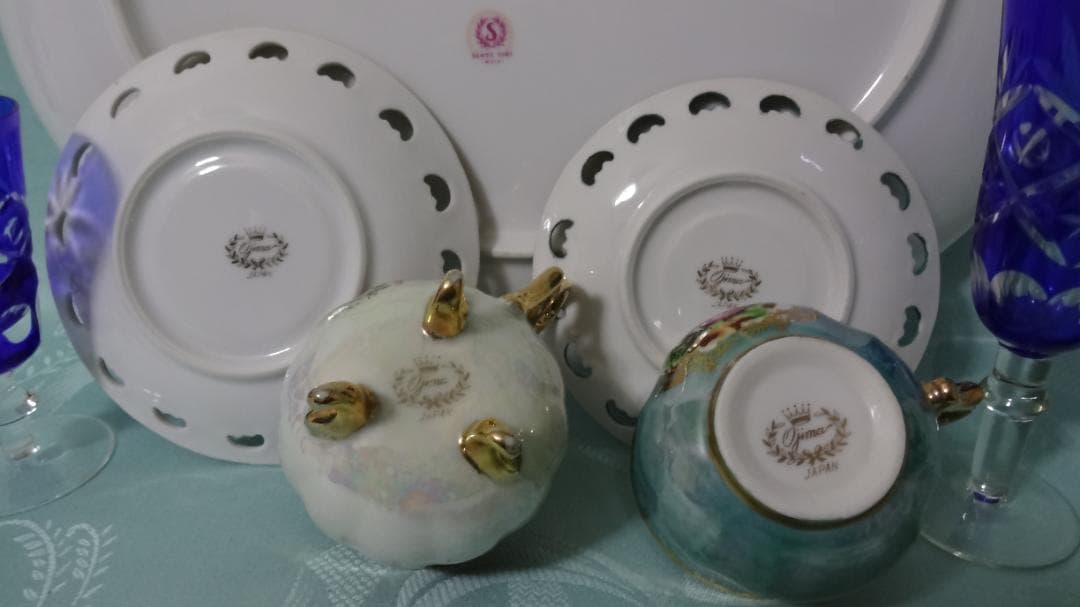 稀少 卵殻手 エッグシェル 古美術品 海外輸出用 虹色 碗皿 大皿 切子 セット