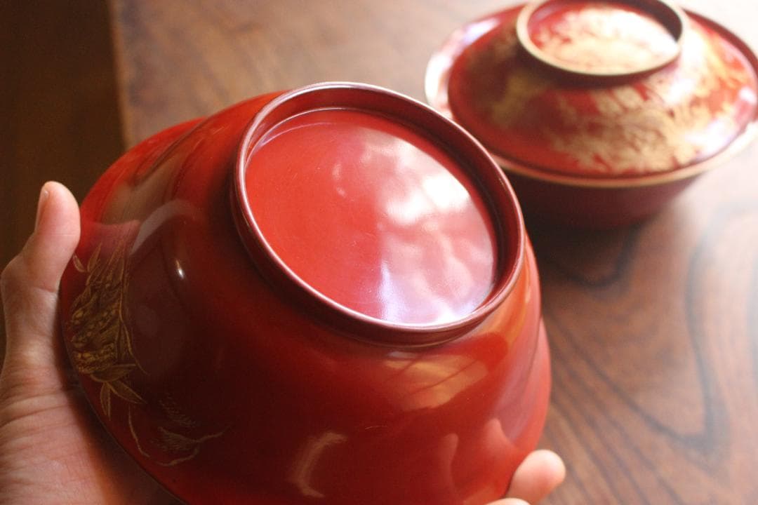 デッドストック！時代金縁朱漆に極上松竹梅沈金の映える大椀2点（検輪島塗雑煮椀