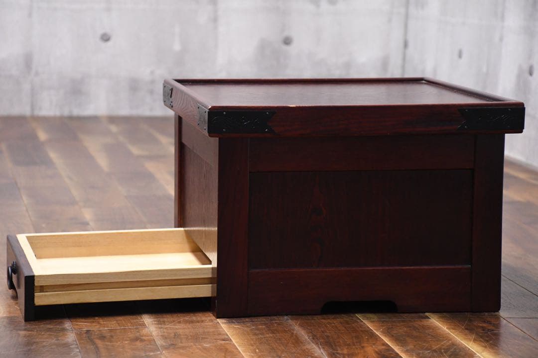EAK76 けやき/欅 箱火鉢 角火鉢 抽斗付き 蓋付き収納庫 小物入れ