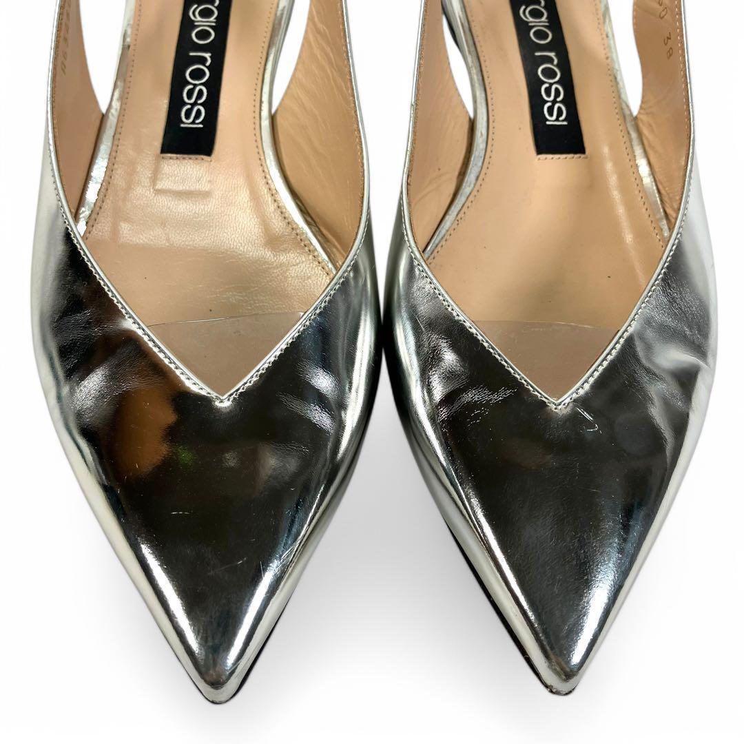 セルジオロッシ 38 24.5 レザー ミュール ポインテッドトゥ シルバー