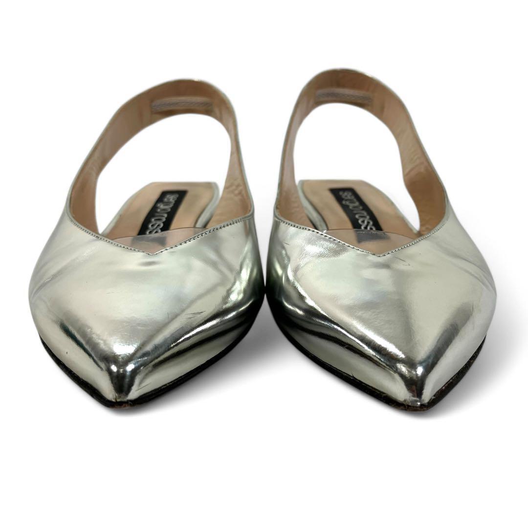 セルジオロッシ 38 24.5 レザー ミュール ポインテッドトゥ シルバー