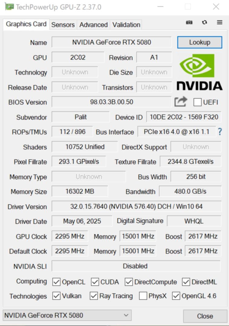 グラフィックボード・グラボ・ビデオカード Palit GeForce RTX 5080 GameRock 16GB