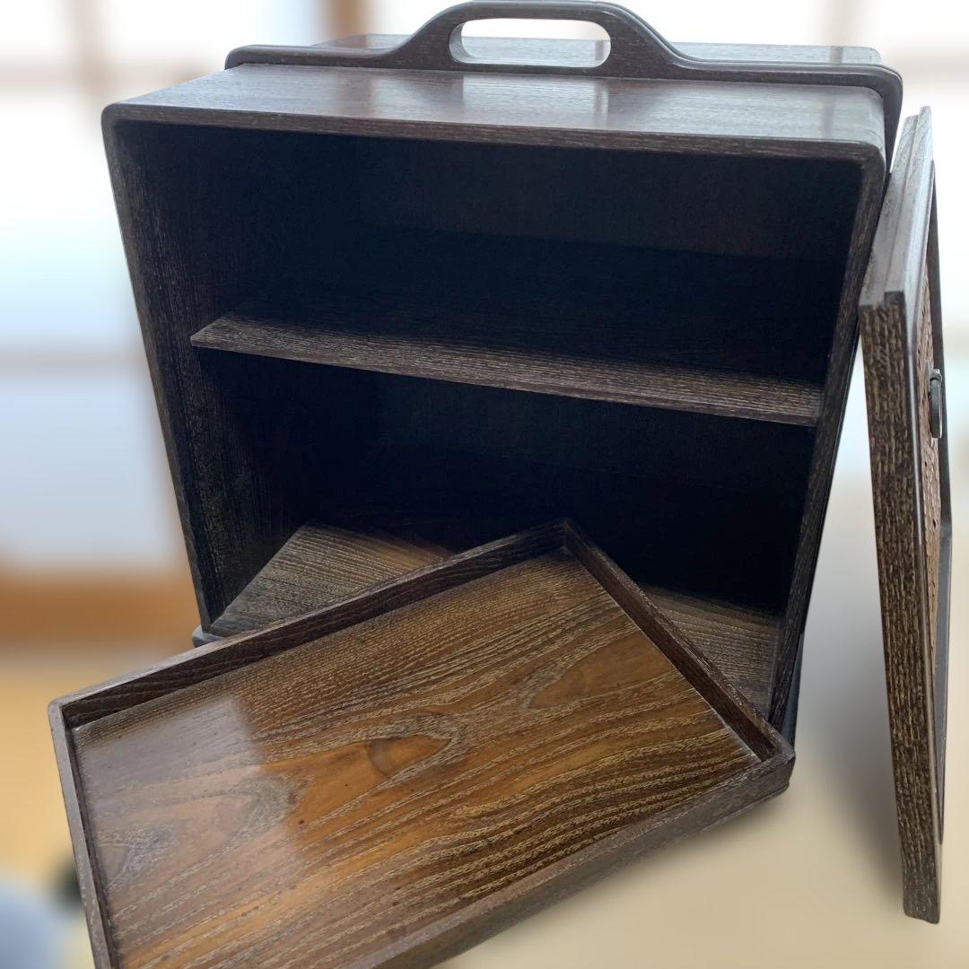 茶箱　煎茶道具箱　木製茶箱 2段収納 編み込みデザイン　古美術 持ち運び　野点