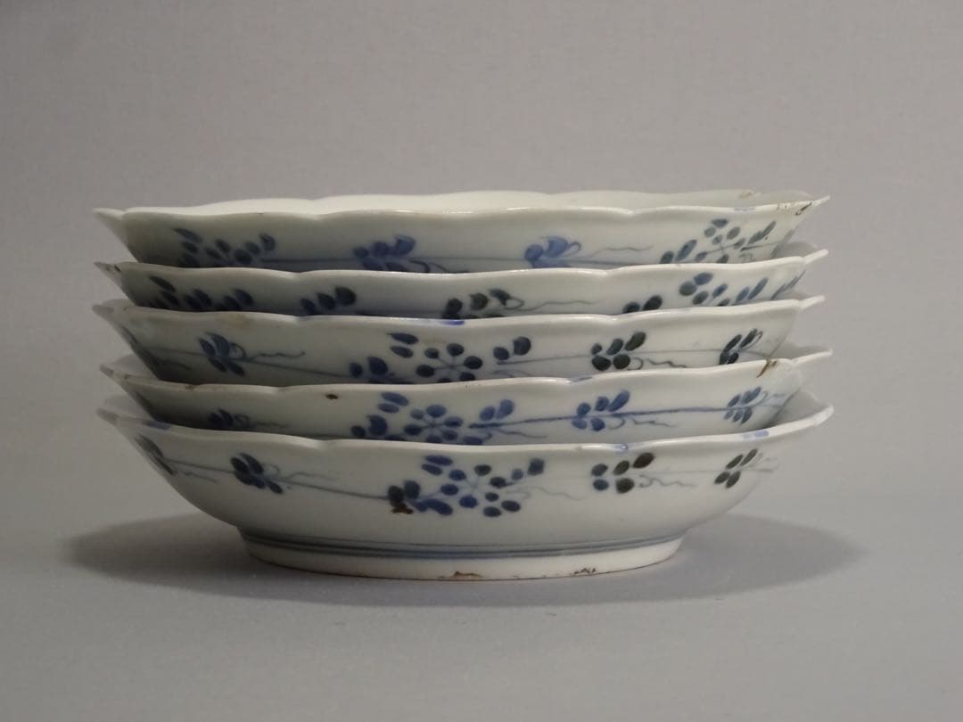 江戸時代　前期　古伊万里　藍九谷様式　染付　松林文　輪花形　皿　5客　銘々皿