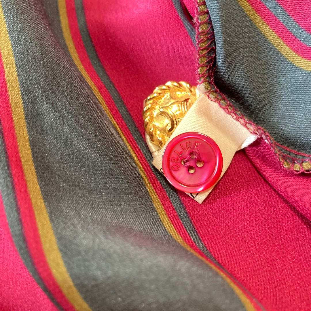 希少✨シルク100%セリーヌ　トリンオンフ金ボタン　ボウタイストライプ柄ブラウス