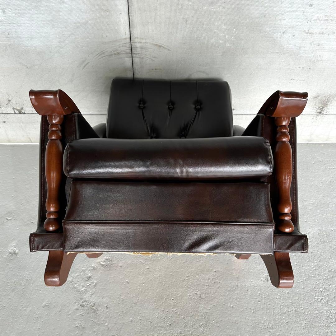 ✦昭和レトロ✦ミッドセンチュリー ラウンジチェア 合皮 × 無垢材装飾 ソファー