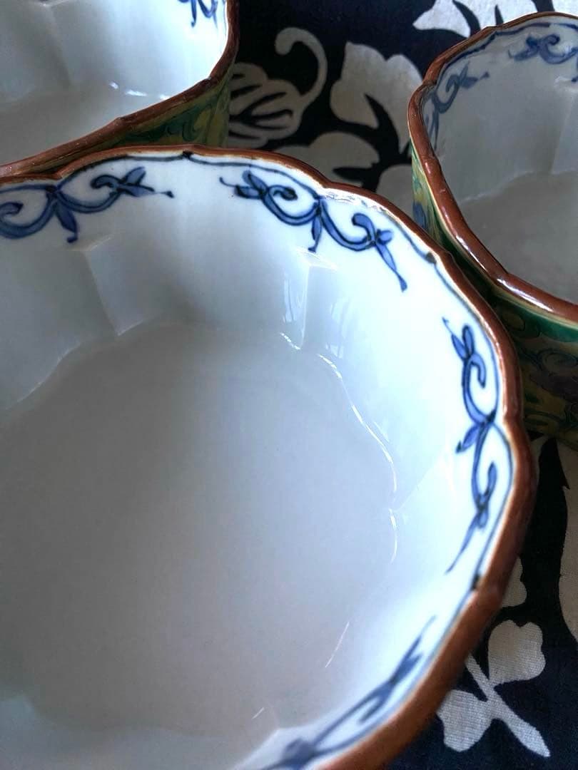 京焼　清水焼　加藤雲泉　黄南京　草花彫輪花六角向付　花唐草　六角鉢　三客組