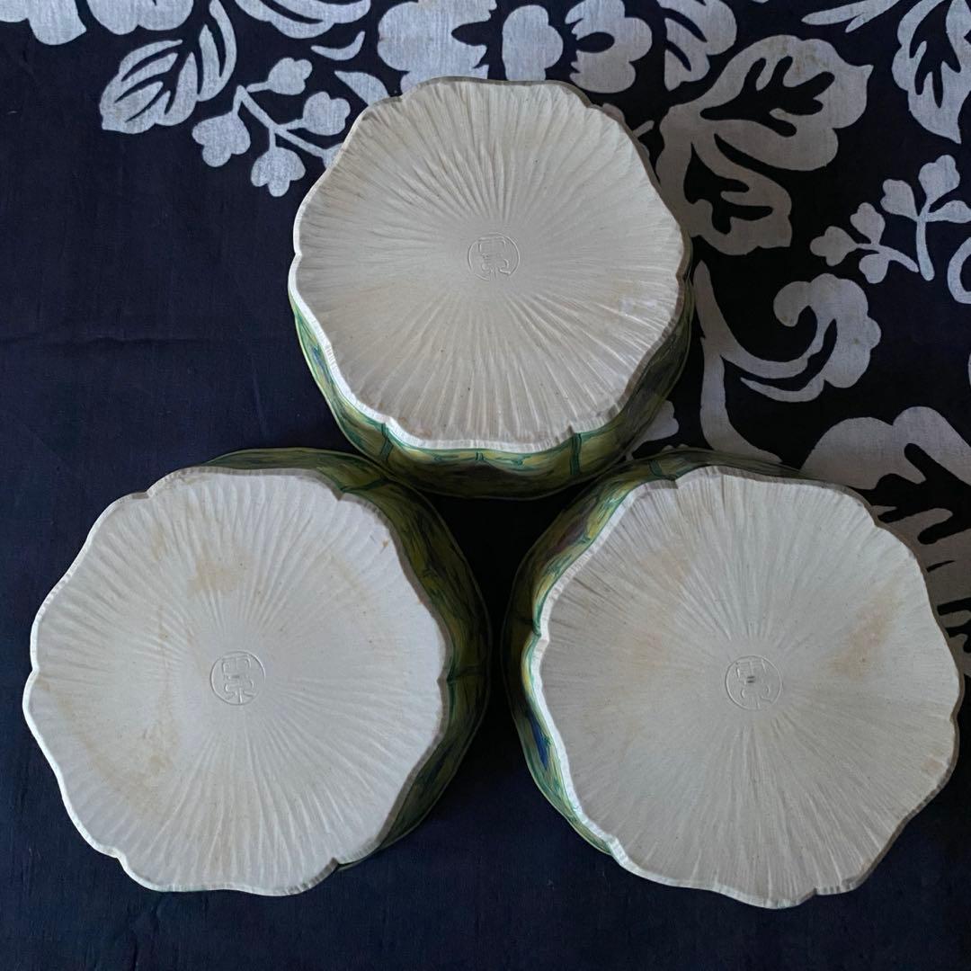 京焼　清水焼　加藤雲泉　黄南京　草花彫輪花六角向付　花唐草　六角鉢　三客組