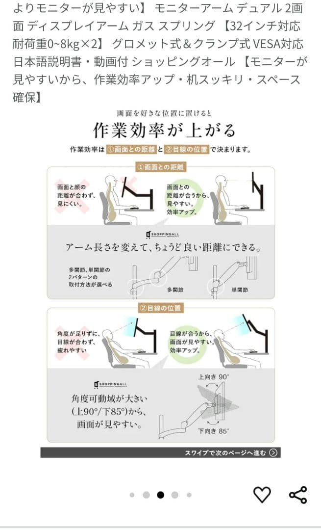 【美品】SHOPPINGALL SA-GM124D ガススプリング式モニタアーム