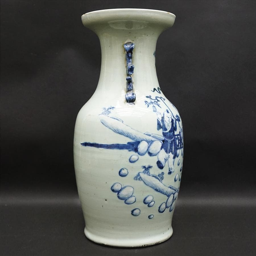 中国古玩 双耳付染付花瓶 唐物 壺 花生 高さ43cm 時代 骨董 中国美術