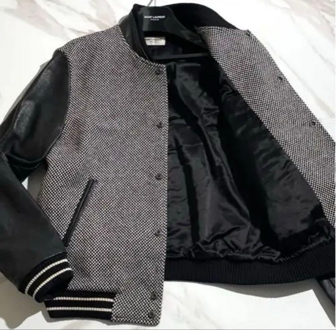 美品 サンローラン 袖レザー スタジャン ジャケット 48 ハンガー付 【76】