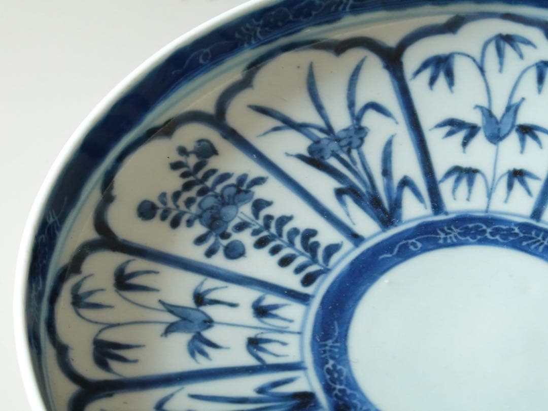 江戸時代　中期　古伊万里　染付　墨弾き　草花文　皿　6客　リム皿　七寸皿　中皿