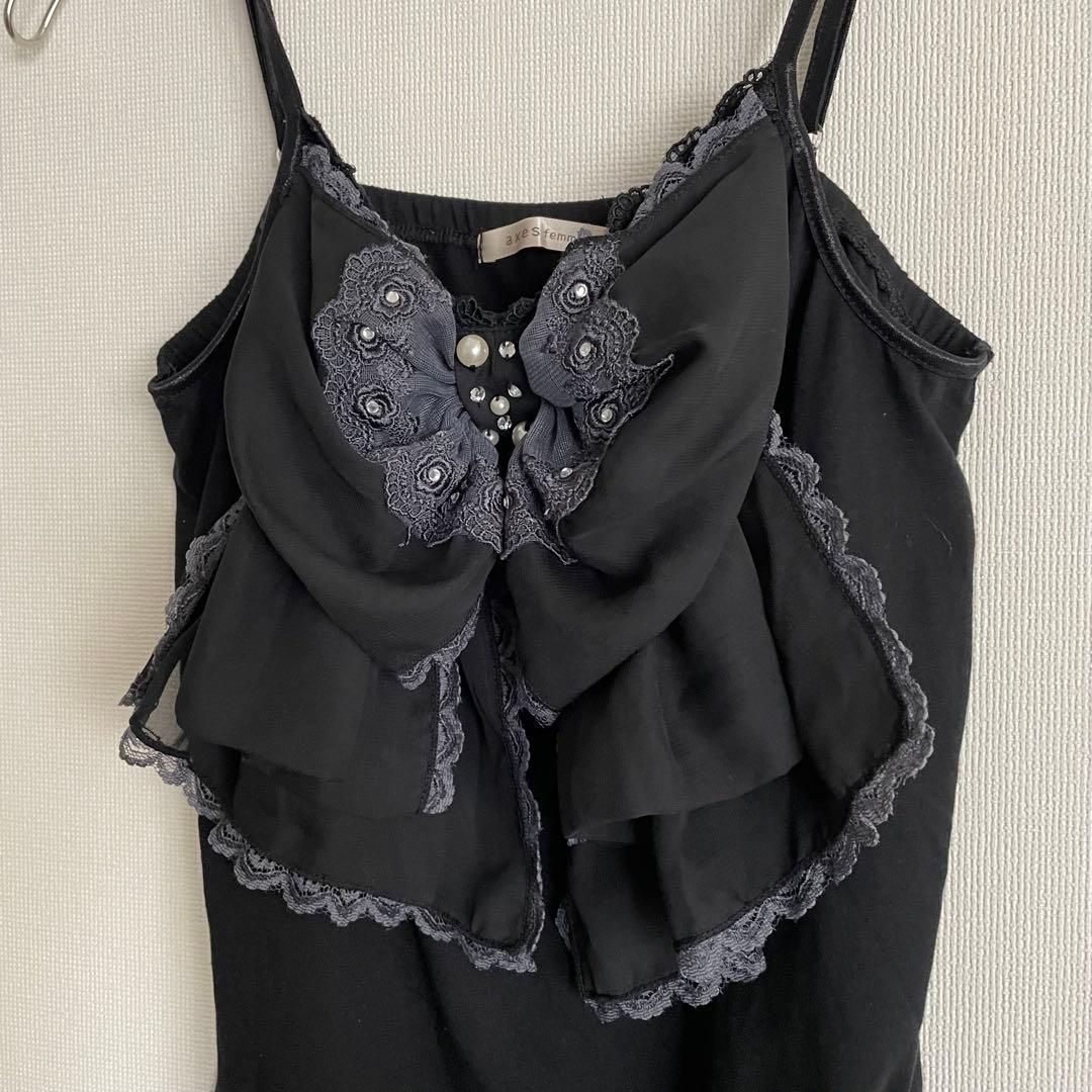 アクシーズファム　 ビッグリボンキャミソール レース　フリル　ビジュー　黒