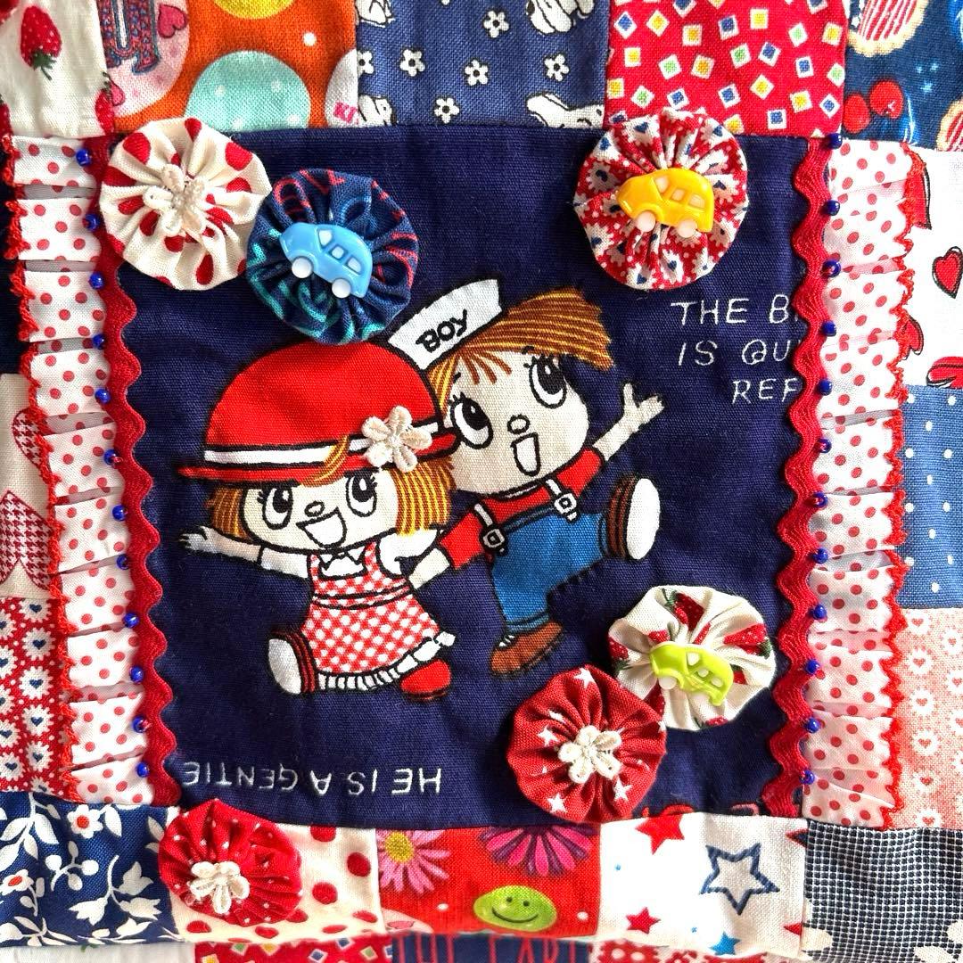 レトロパッチワークトートバッグ4点 ショルダー紐、ポーチ、ペットボトルカバー付き