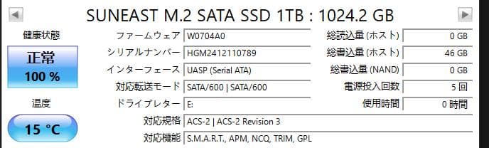 ほぼ未使用1TB SSD M.2 2280