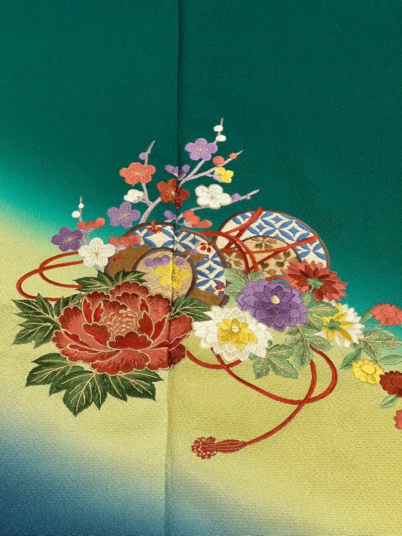 振り袖　フルセット　長襦袢付　緑　成人式　パーティー　刺繍入り　長尺袋帯　730