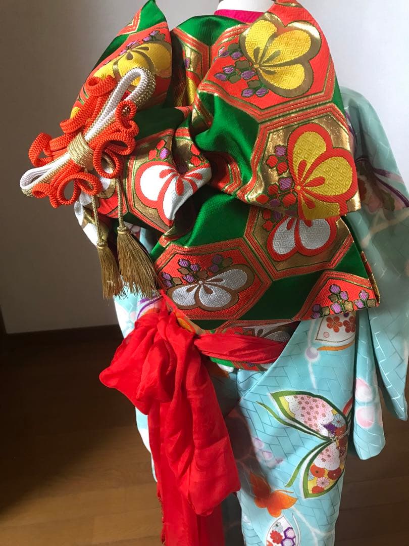 七五三7歳着物セット　アンティーク　正絹　水色　蝶々❤️