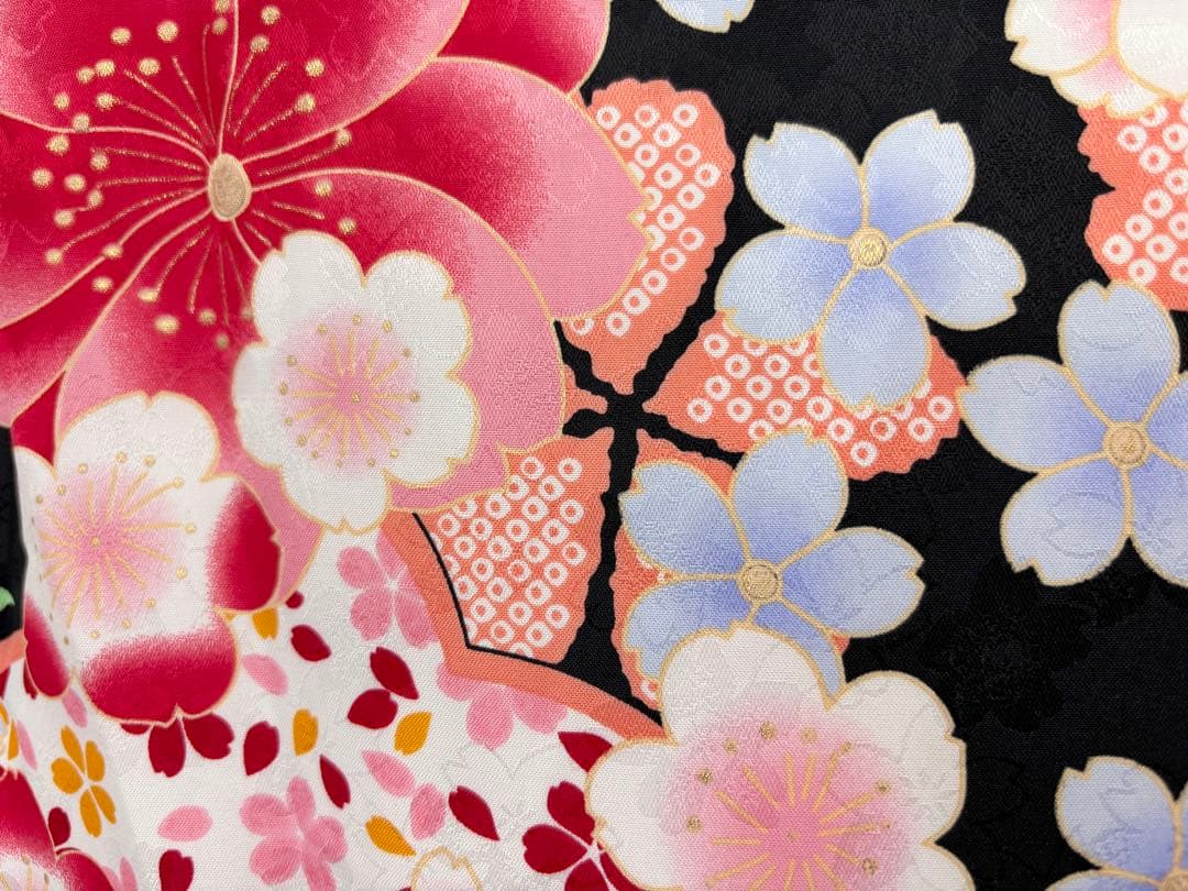 七五三　7ー8才女児　着物・はこせこセット　花々桜《子供493》#江戸小もーん