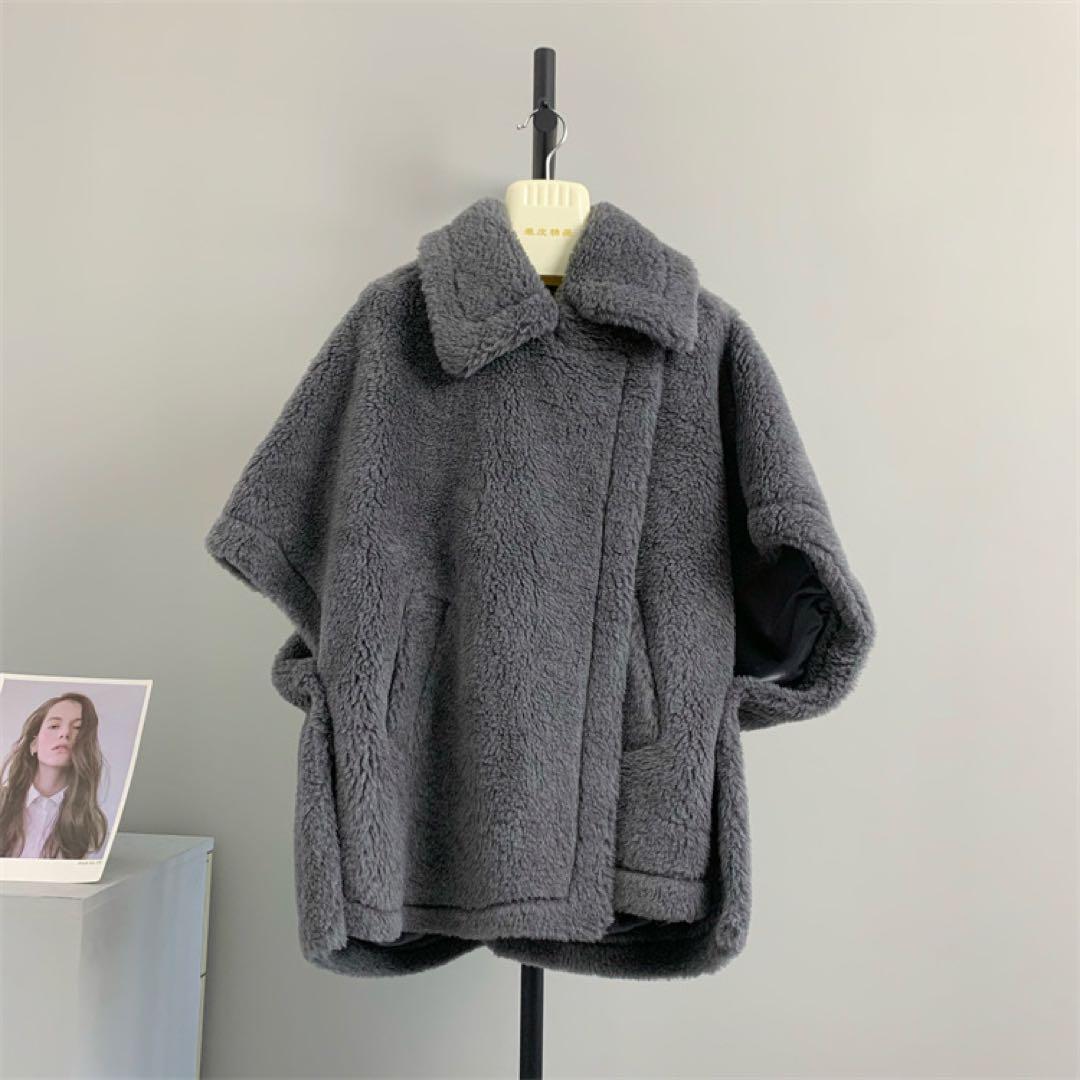 新品未使用 ベアポンチョ　アルパカ素材 グレー テディベア ケープ