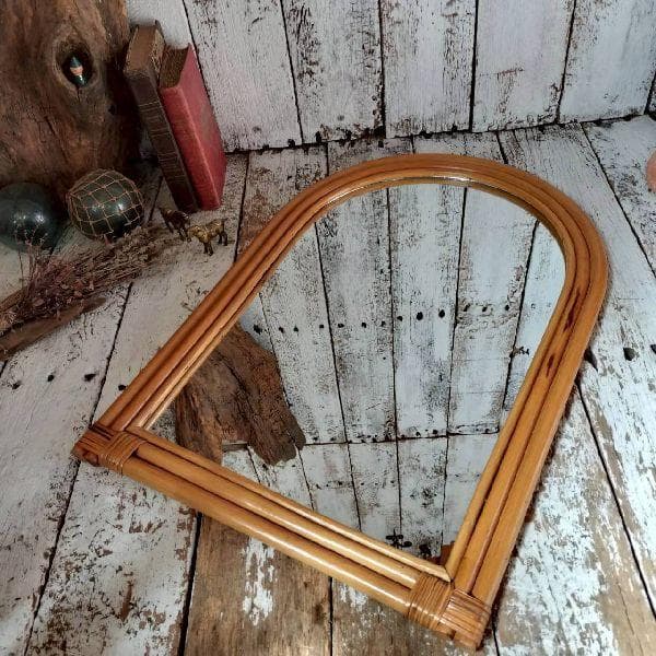 70-80s ヴィンテージ ラタン フレーム ウォールミラー 籐 壁掛け鏡 天然