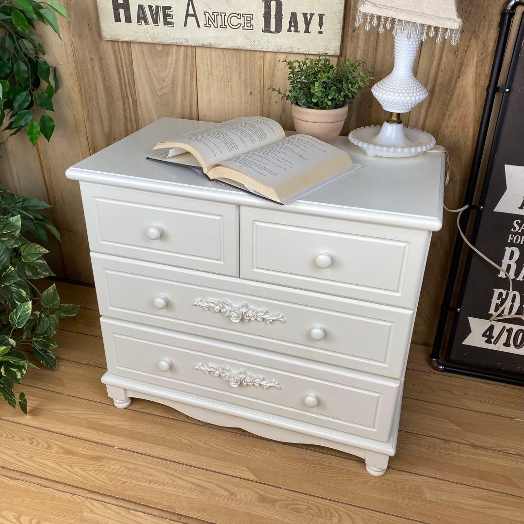 フレンチカントリー北欧調ホワイトチェスト三段四つ引き木製洋タンス収納姫系姫かわ