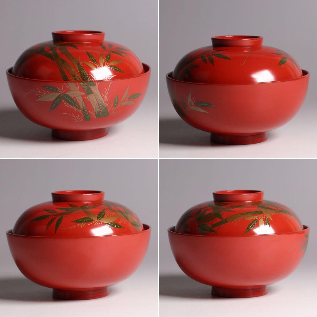 CG34 輪島塗 時代木製漆器 竹笹蒔絵 朱塗御吸物椀 五客 / 伝統漆芸茶懐石