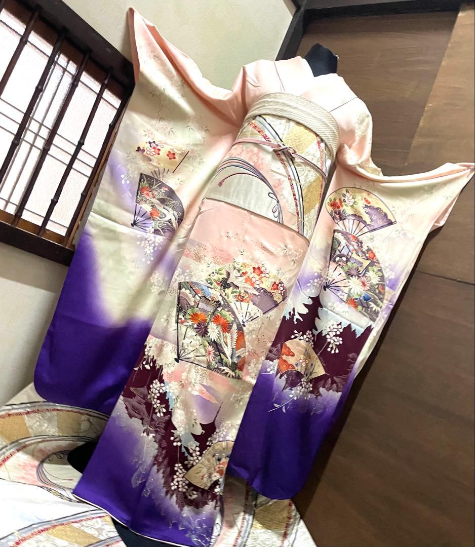 振袖 フルセット6点サイズM〜Ｌ扇子御所車鶴文　暈し染め　金糸　銀彩　正絹