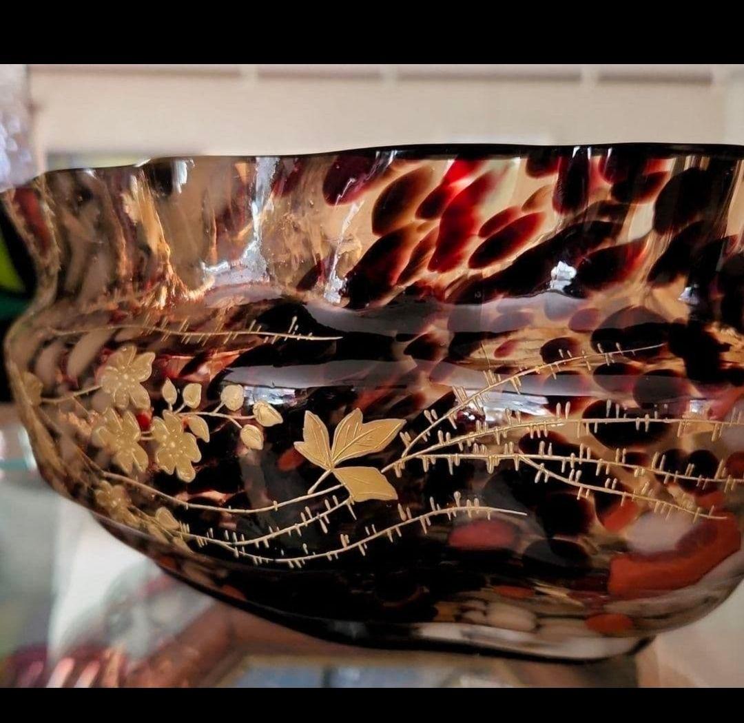 アールヌーボーガラス　吹雪紋金彩盛り薔薇エナメル画　最終値下げ