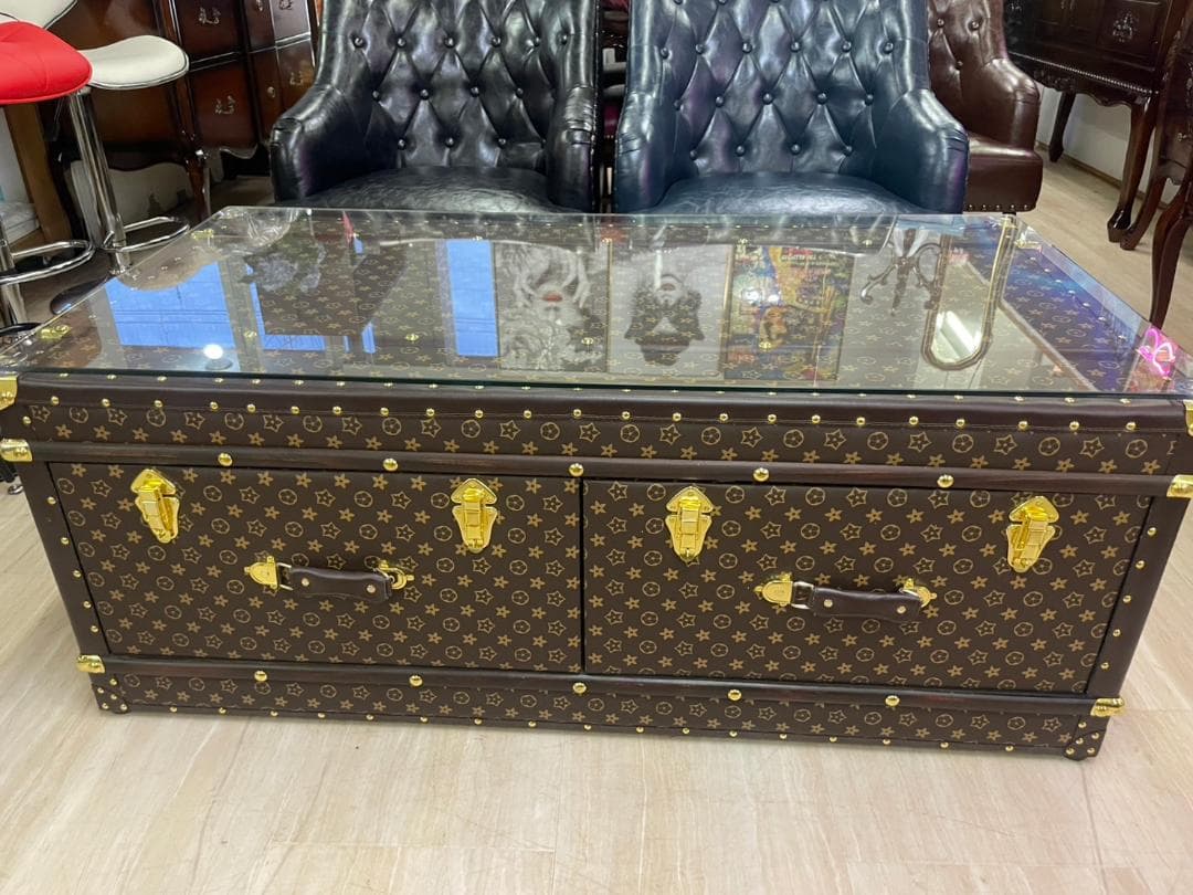 センターテーブル　モノグラム　トランク　テーブル　ガラス天板　引出し　収納　BR