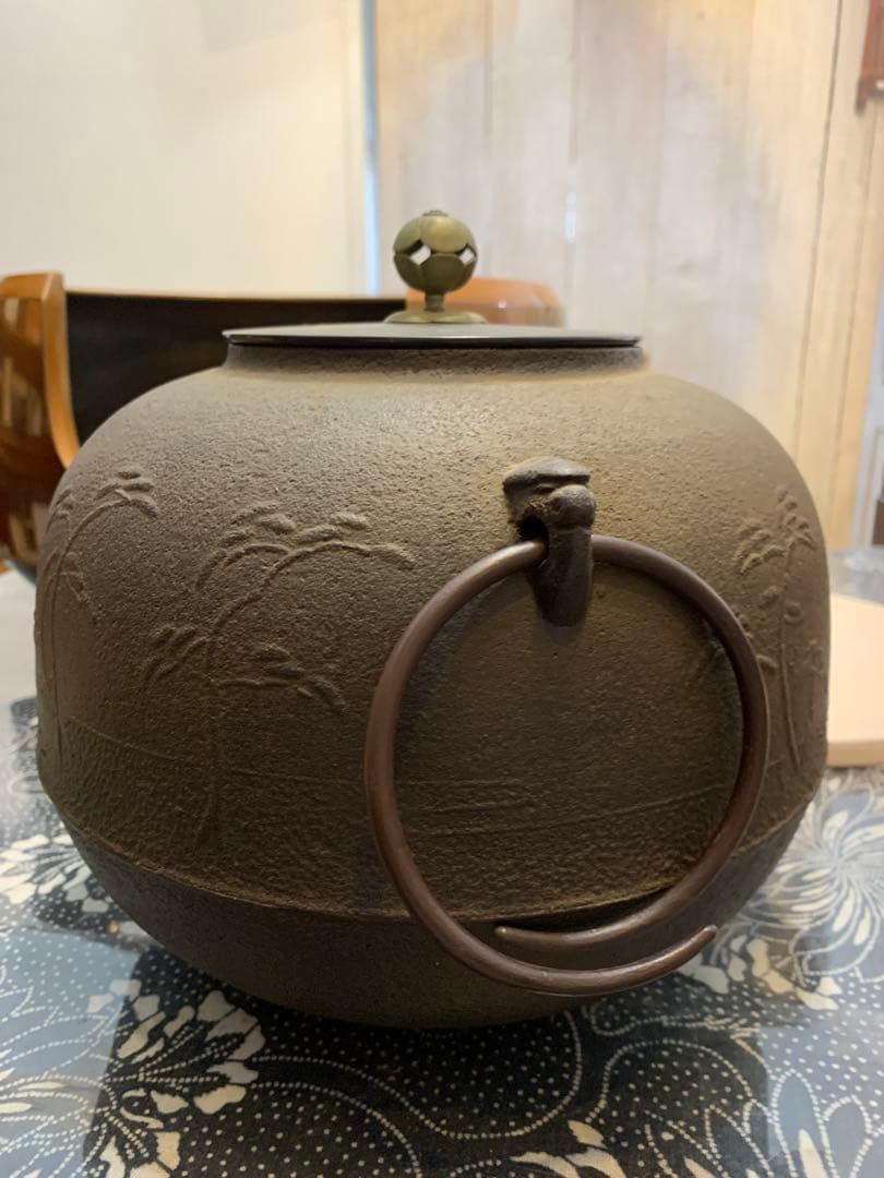 窯師辰敏作　浜松地紋　丸釜　面取風炉　風爐灰　爐用灰　底瓦　セット　茶道具