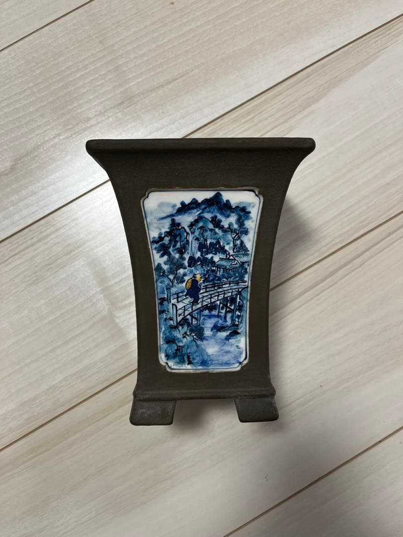 陶翠鉢　山水画デザインの陶器盆栽鉢