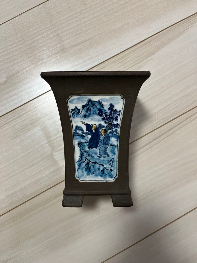 陶翠鉢　山水画デザインの陶器盆栽鉢