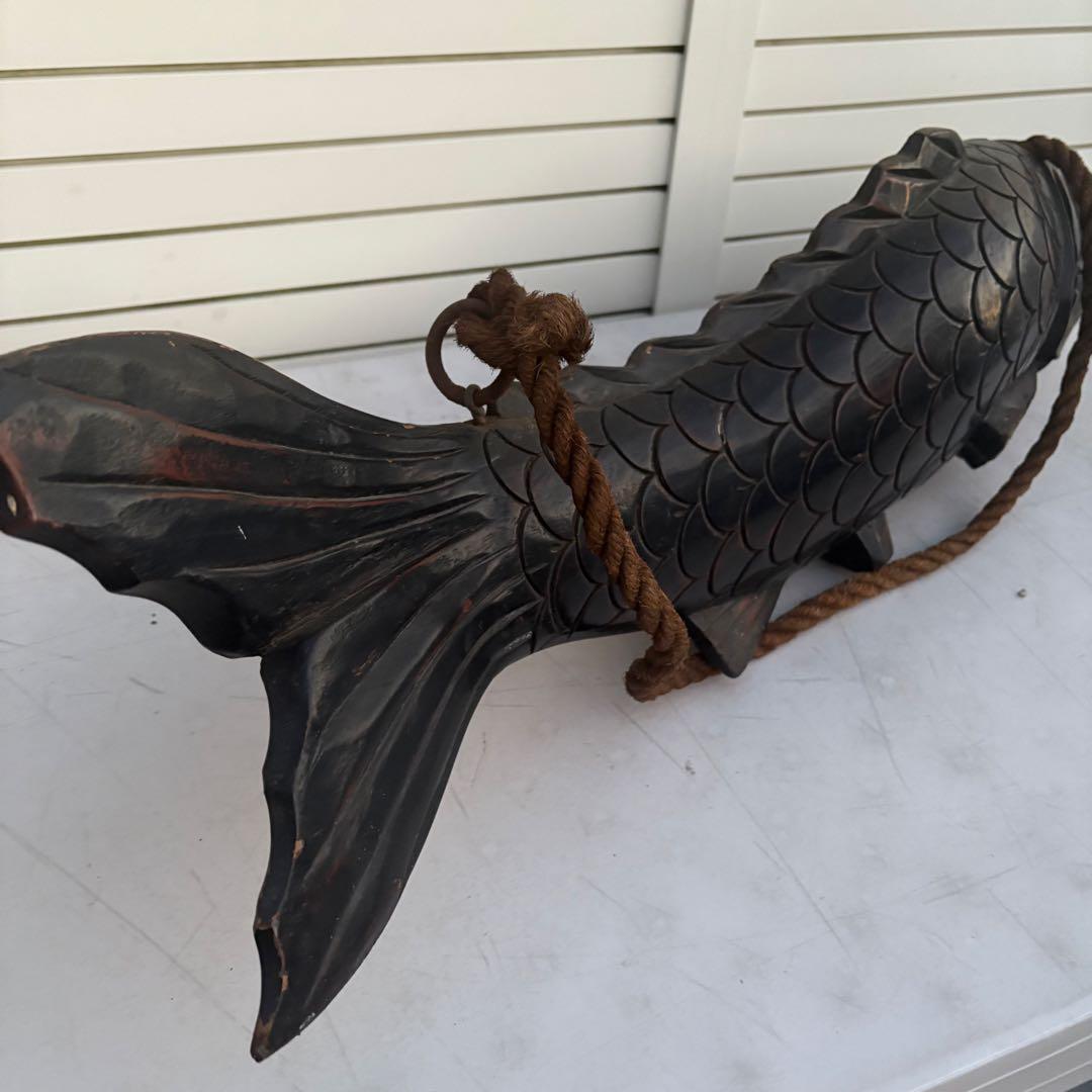 古作■自在鉤 無垢材 鯉型 精緻彫刻 吊り縄 鉄鈎付き 囲炉裏 古道具