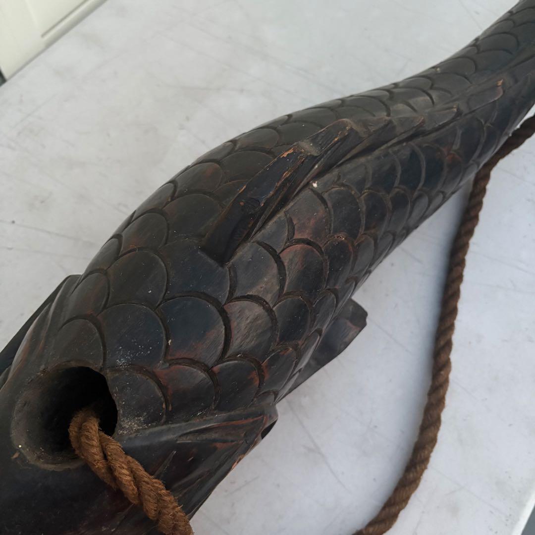 古作■自在鉤 無垢材 鯉型 精緻彫刻 吊り縄 鉄鈎付き 囲炉裏 古道具