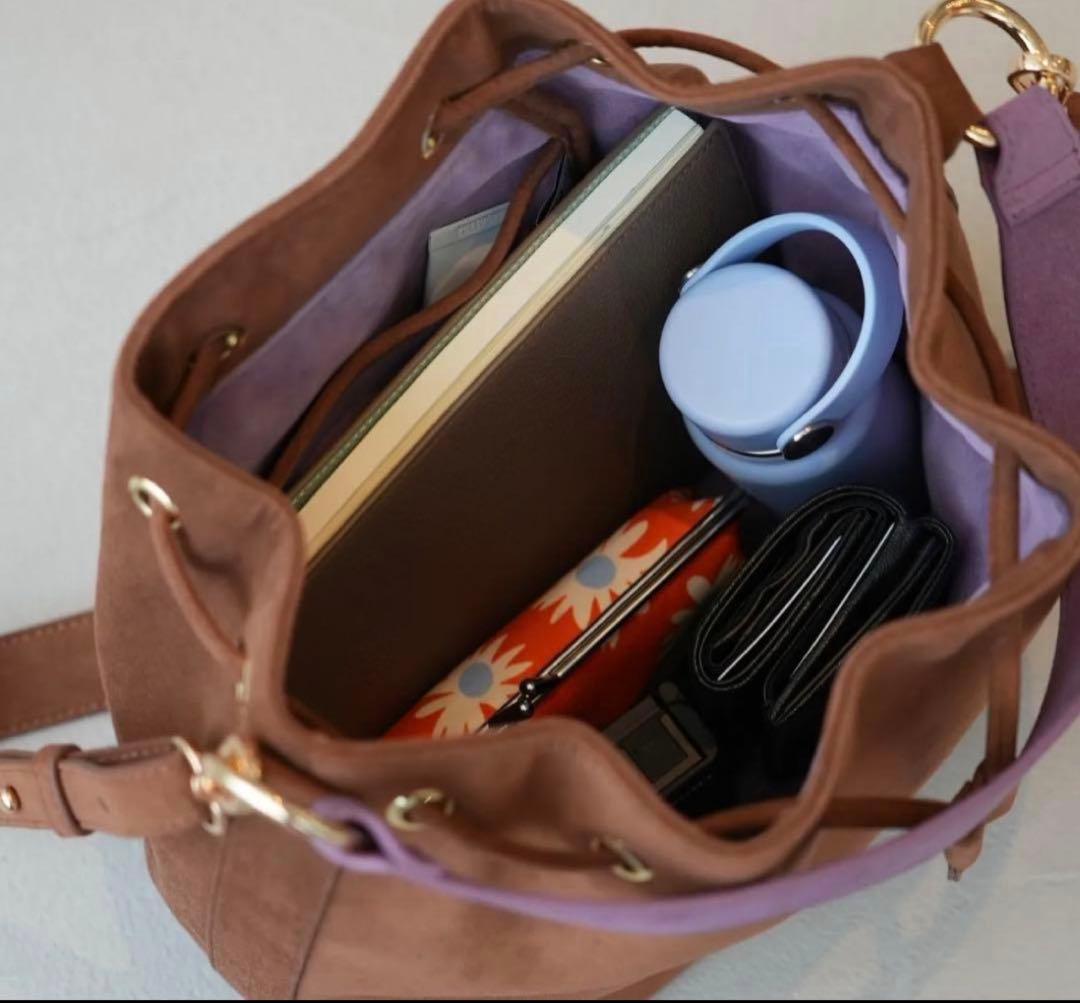 1回使用★HINC NUNC バケットバッグ　ブラウン&パープル　スエード