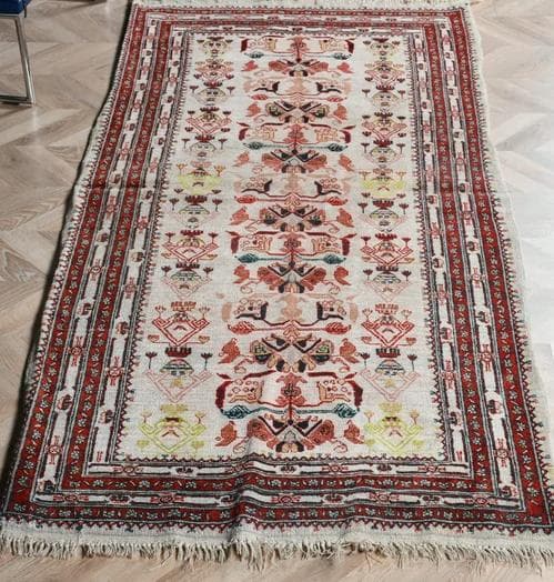 トルコ製ヴィンテージラグ771高級 レア アイボリー レッド イエロー グリーン