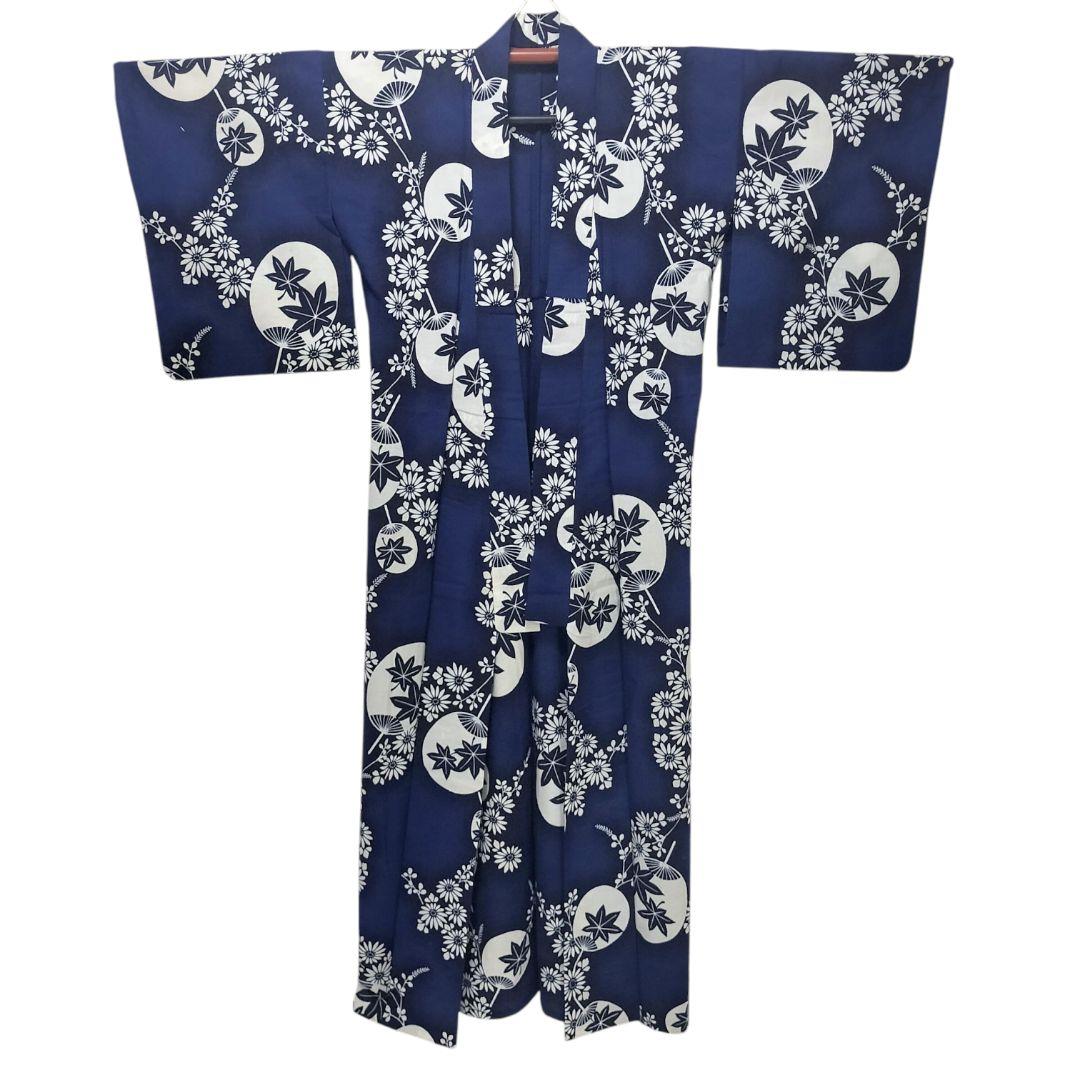 【浴衣】花に団扇模様　楓　藍染 注染　紺　青　ネイビー レトロ　古典 綿